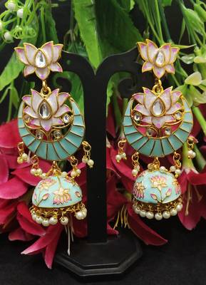 Latest Designer Green Pink Meenakari Kundan Pearl Jhumki Earrings 1