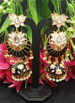 Latest Designer Black Pink Meenakari Kundan Pearl Jhumki Earrings 1