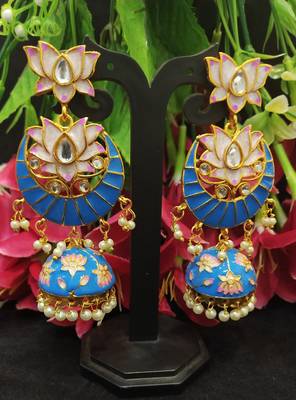 Latest Designer Blue Pink Meenakari Kundan Pearl Jhumki Earrings 1