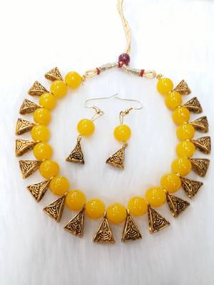 Necklace  yellow Set Haar Beads Gold Plated Indian Jewelry With Earrings  Bollywood  For women & Girls 1