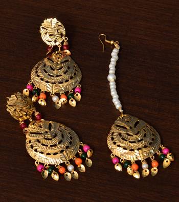 Multi-colored Beaded Leafy Dangler Earrings cum Maang Tikka 1