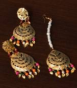 Multi-colored Beaded Leafy Dangler Earrings cum Maang Tikka