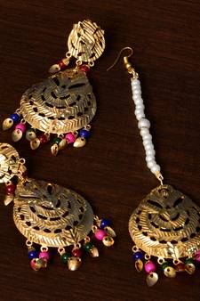 Multi-colored Beaded Leafy Traditional Dangler Earrings cum Maang Tikka
