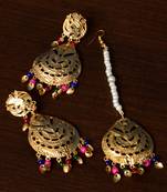 Multi-colored Beaded Leafy Traditional Dangler Earrings cum Maang Tikka
