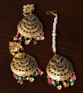 Multi-colored Beaded Leafy Bollywood Dangler Earrings cum Maang Tikka 1
