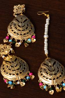 Multi-colored Beaded Leafy Bollywood Dangler Earrings cum Maang Tikka