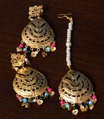 Multi-colored Beaded Leafy Bollywood Dangler Earrings cum Maang Tikka