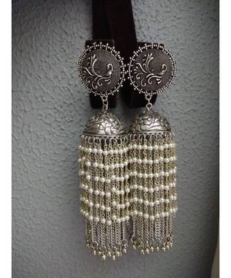 German Silver Hand Made Dangler Jhumka With White Pearl Hangings 1