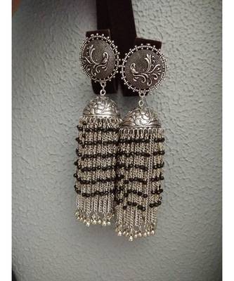 German Silver Hand Made Dangler Jhumka With Black Pearl Hangings 1