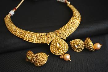 gold tone white stone studded wedding hoker necklace set 1
