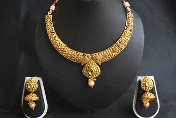 gold tone white stone studded wedding hoker necklace set 2