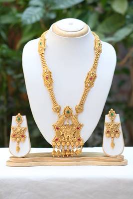 Goddess lakhmi gold tone long haram necklace set 1