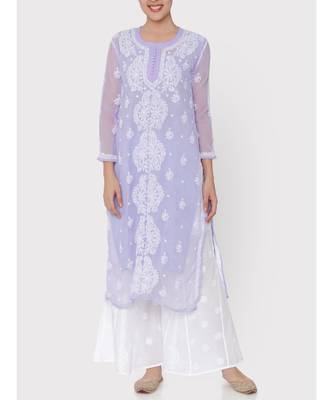 Lavender chikankari kurti with white thread work  1