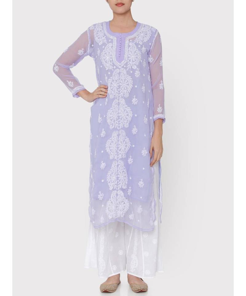 Lavender chikankari kurti with white thread work 