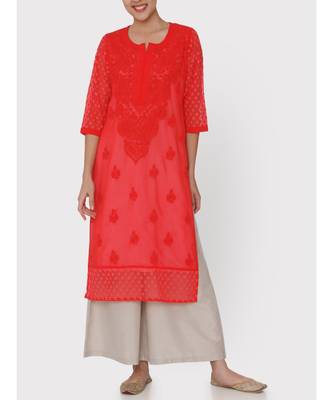 Red Chikankari  Kurti With Hakoba Sleeves 1
