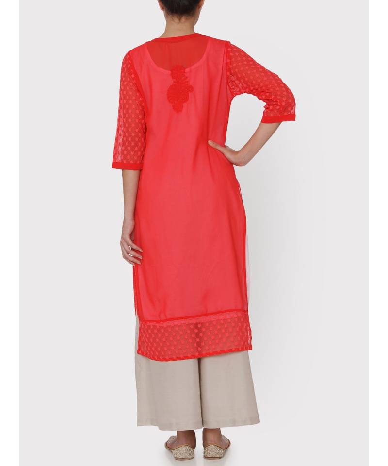 Red Chikankari  Kurti With Hakoba Sleeves