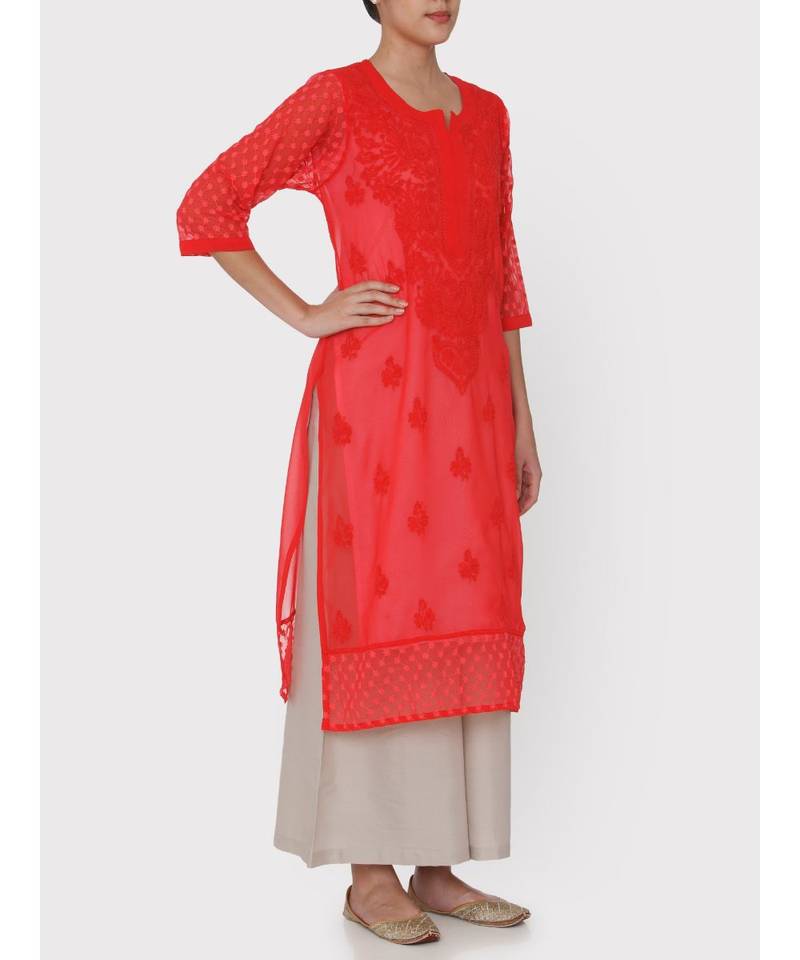 Red Chikankari  Kurti With Hakoba Sleeves