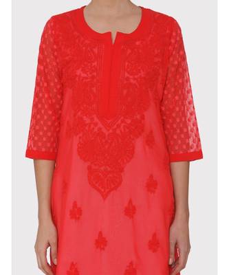 Red Chikankari  Kurti With Hakoba Sleeves 4