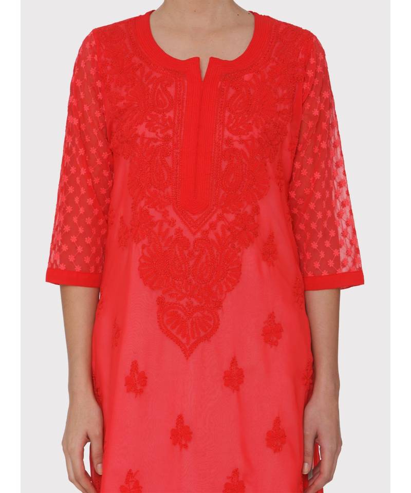 Red Chikankari  Kurti With Hakoba Sleeves