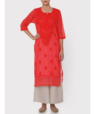 Red Chikankari  Kurti With Hakoba Sleeves 5