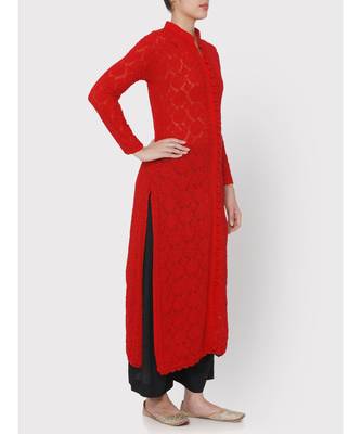 Red Chikankari Full Jaal Kurti 3