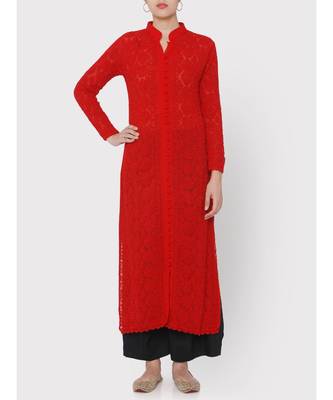 Red Chikankari Full Jaal Kurti 5