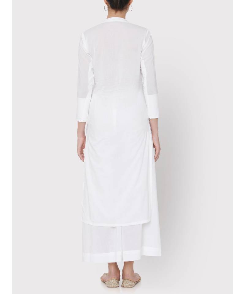 White cotton Mandarin collared pocket Kurti with palazzo