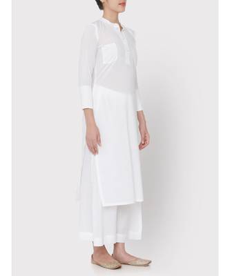 White cotton Mandarin collared pocket Kurti with palazzo 3