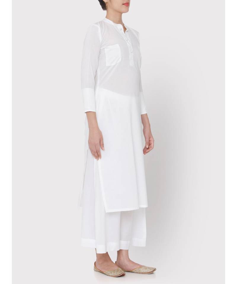 White cotton Mandarin collared pocket Kurti with palazzo
