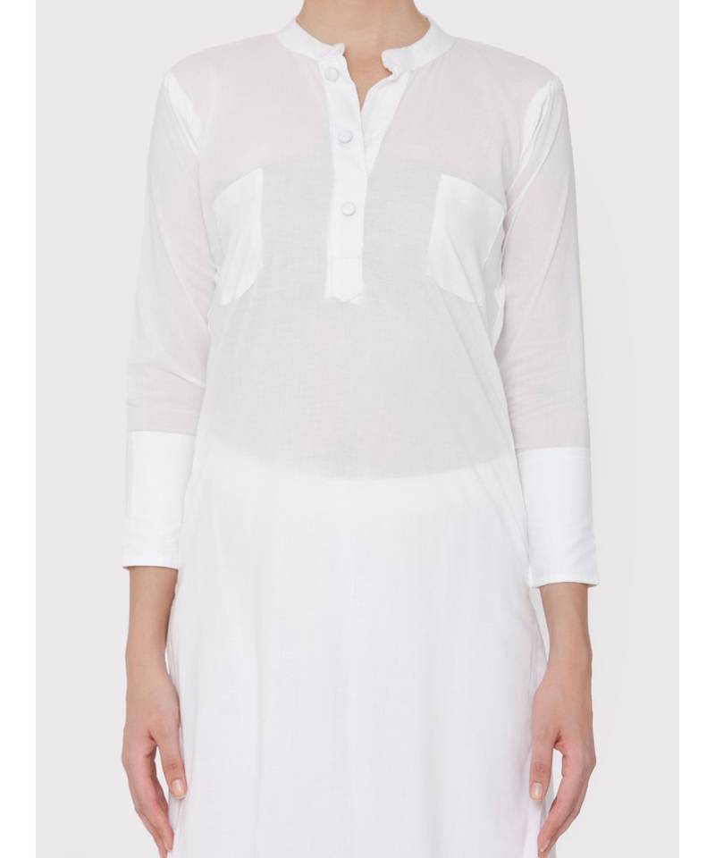 White cotton Mandarin collared pocket Kurti with palazzo