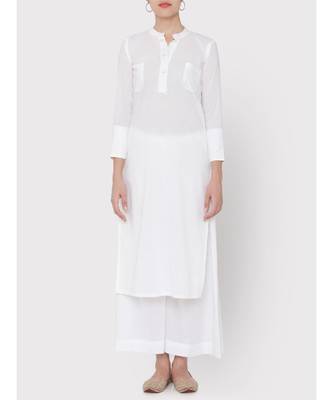 White cotton Mandarin collared pocket Kurti with palazzo 5