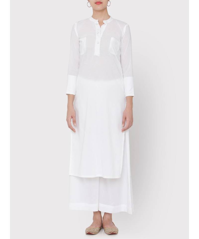 White cotton Mandarin collared pocket Kurti with palazzo