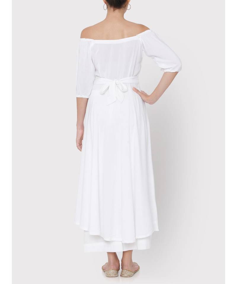 White soft rayon off shoulder dress with palazzo
