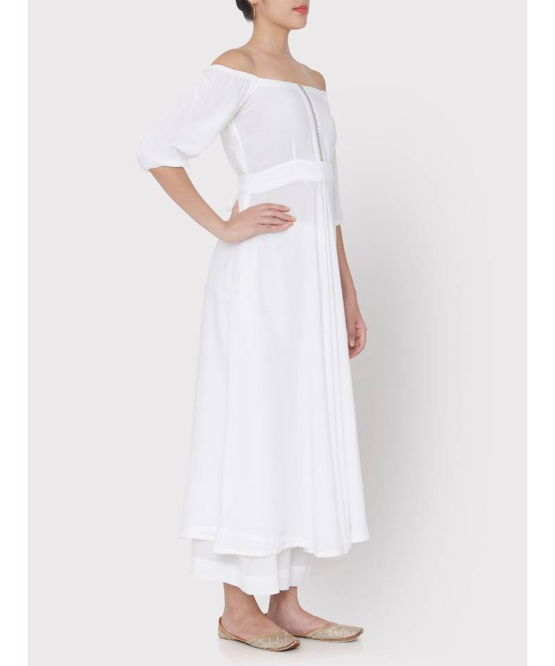 White soft rayon off shoulder dress with palazzo