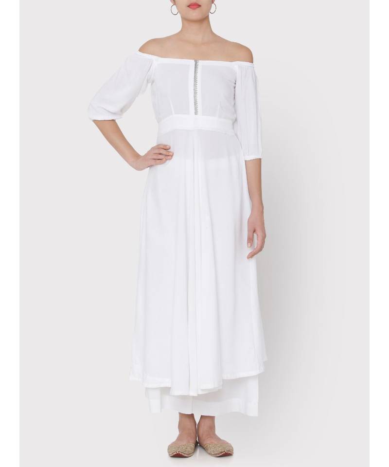 White soft rayon off shoulder dress with palazzo