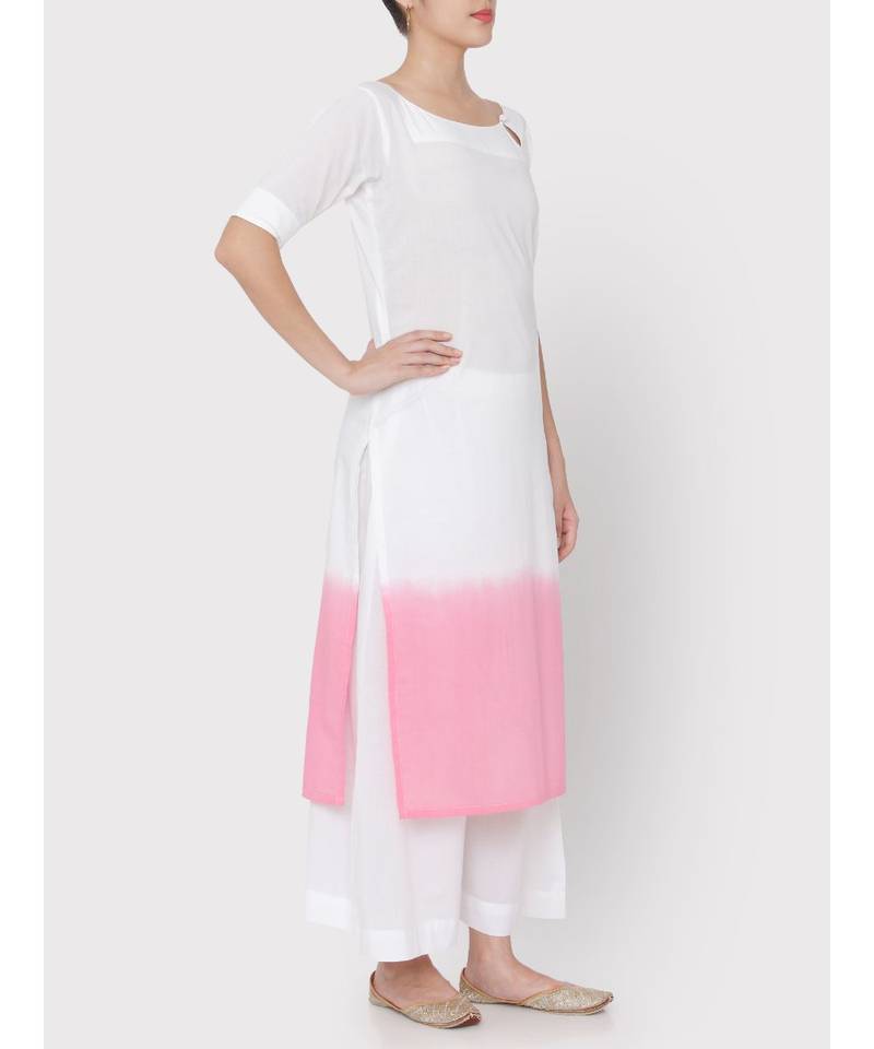 White Cotton pink ombre drop neck suit with palazzo