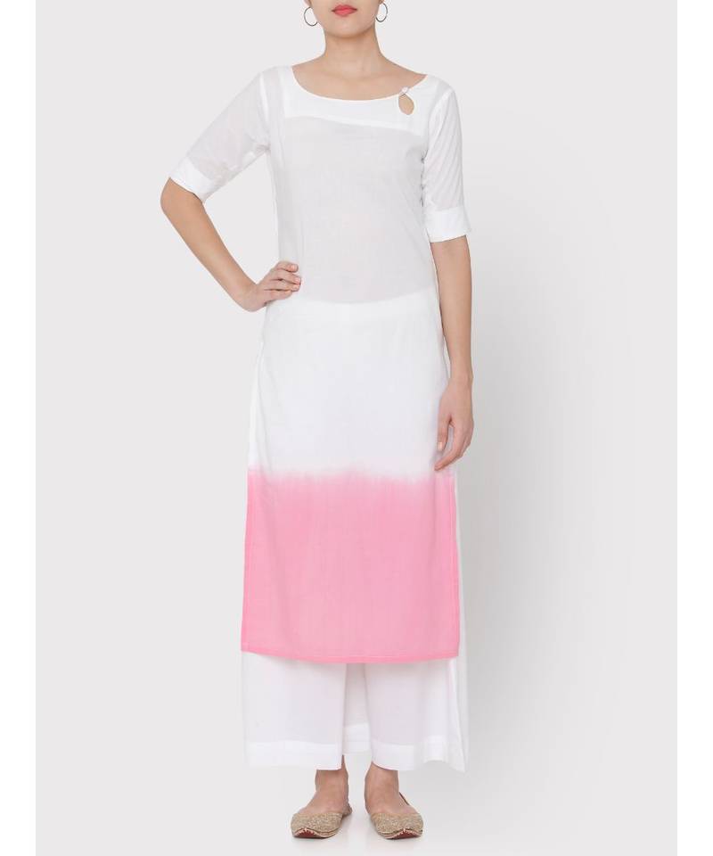 White Cotton pink ombre drop neck suit with palazzo