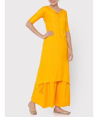 Yellow rayon collared full suit with palazzo 1