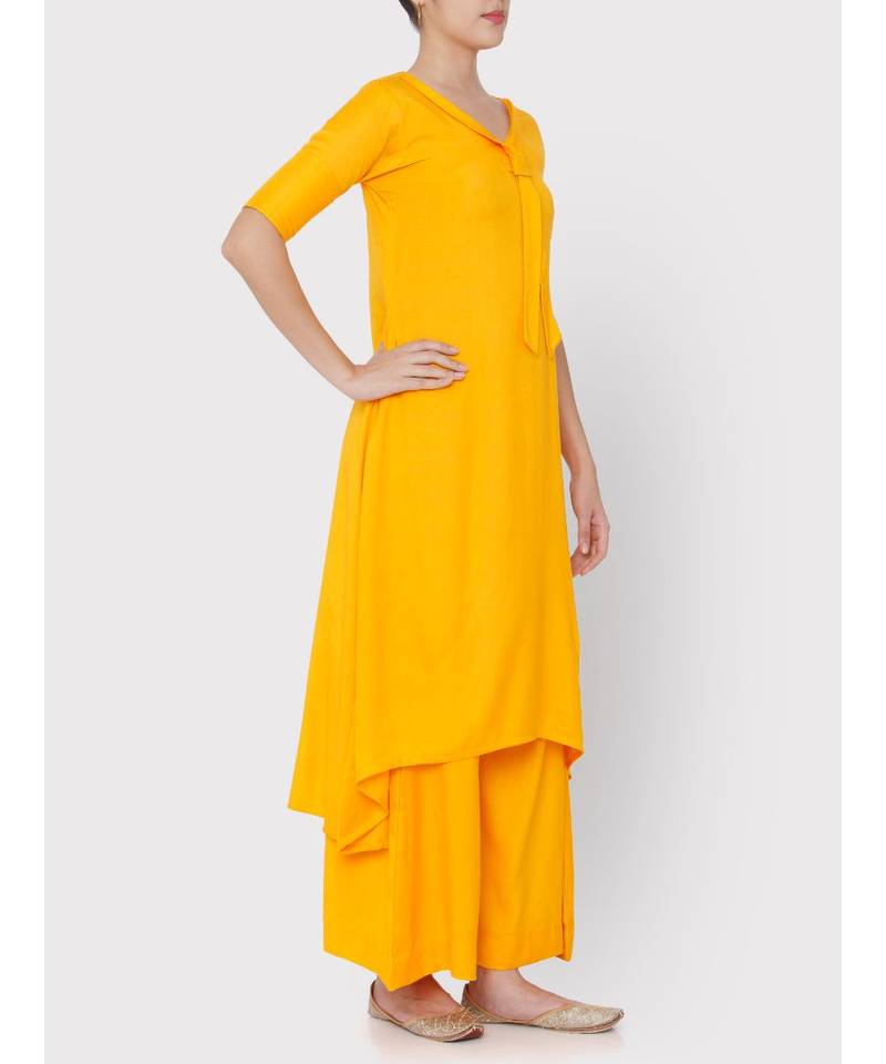 Yellow rayon collared full suit with palazzo