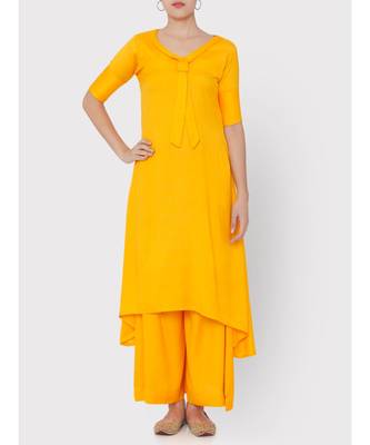 Yellow rayon collared full suit with palazzo 5