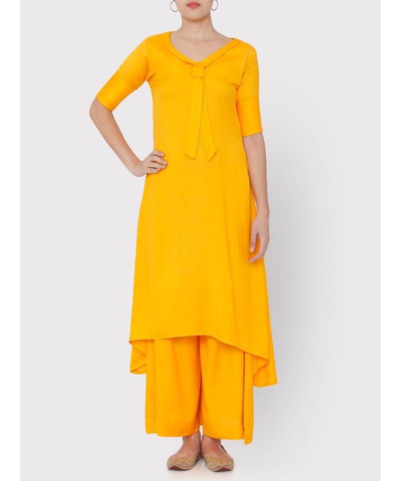Yellow rayon collared full suit with palazzo
