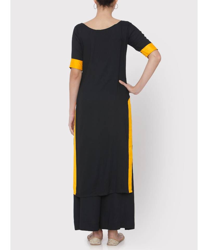 Black rayon suit with yellow borders