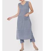 Linen blue pockets sleeveless Kurti with trousers