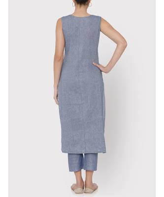 Linen blue pockets sleeveless Kurti with trousers 2