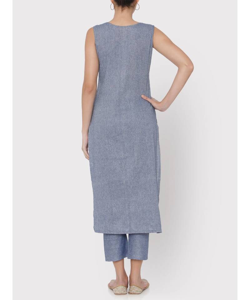 Linen blue pockets sleeveless Kurti with trousers