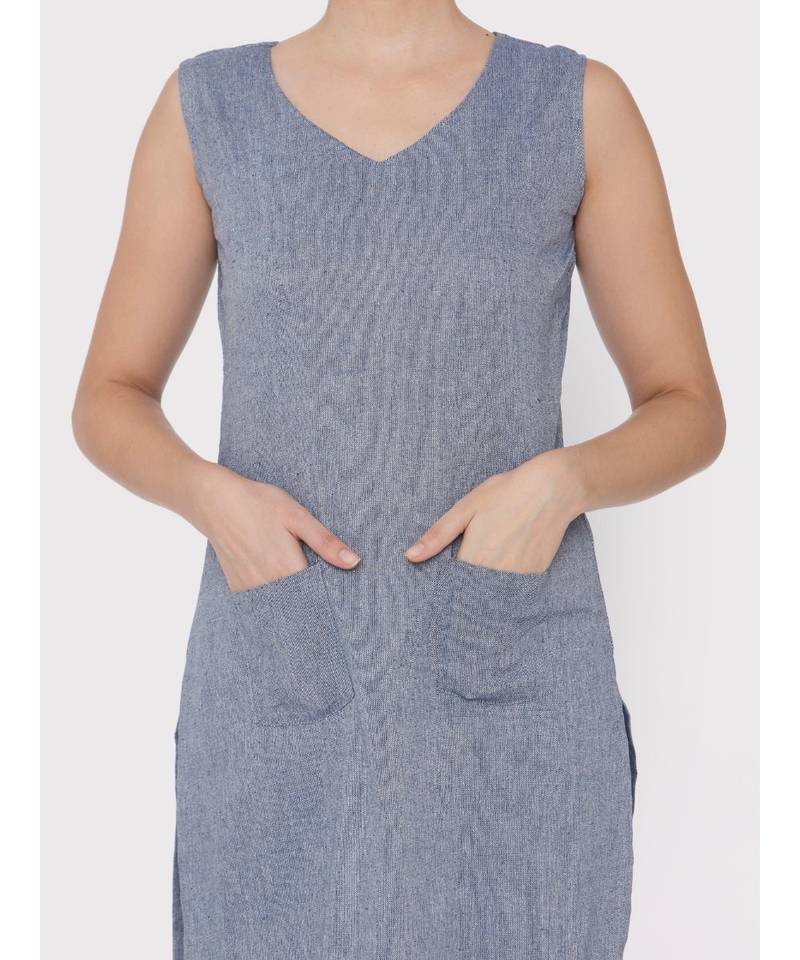 Linen blue pockets sleeveless Kurti with trousers