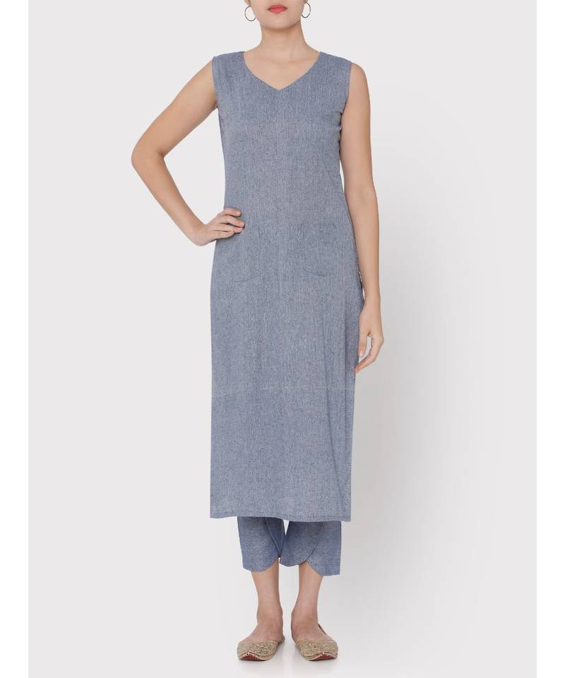 Linen blue pockets sleeveless Kurti with trousers