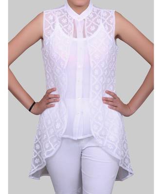 White Georgette Short Chikankari Low High Hem Top 1