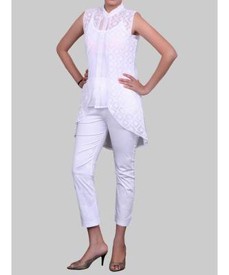 White Georgette Short Chikankari Low High Hem Top 2