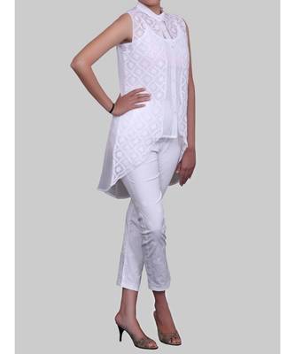 White Georgette Short Chikankari Low High Hem Top 3